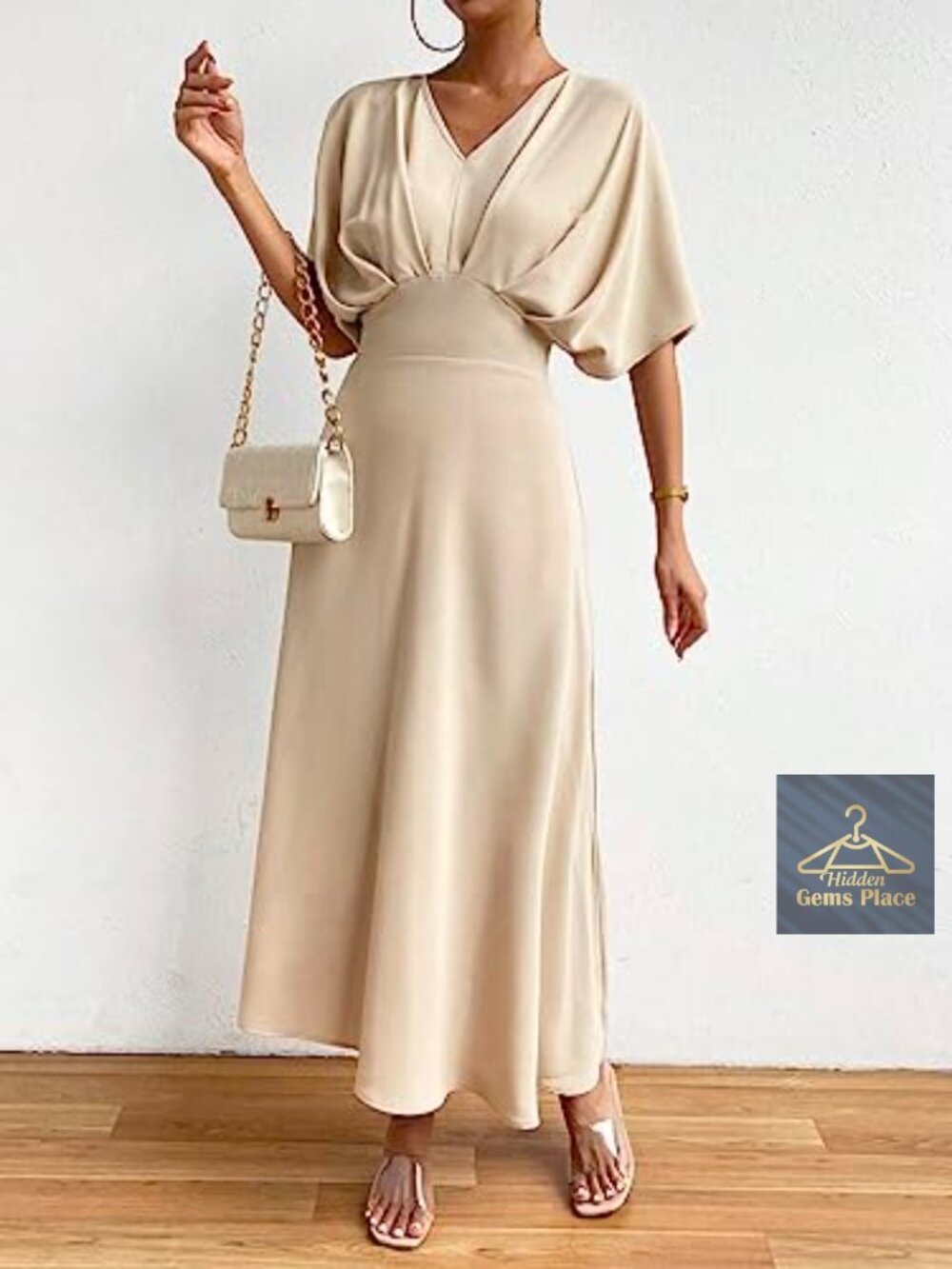 V-Neck Ruched Cocktail Dress with Batwing Sleeves, A-Line Long Formal - Picture 5 of 5